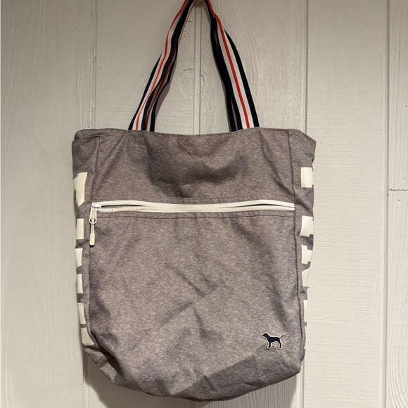 PINK by Victoria Secret Gray Tote Bag with Striped Handles **flawed - Picture 1 of 15